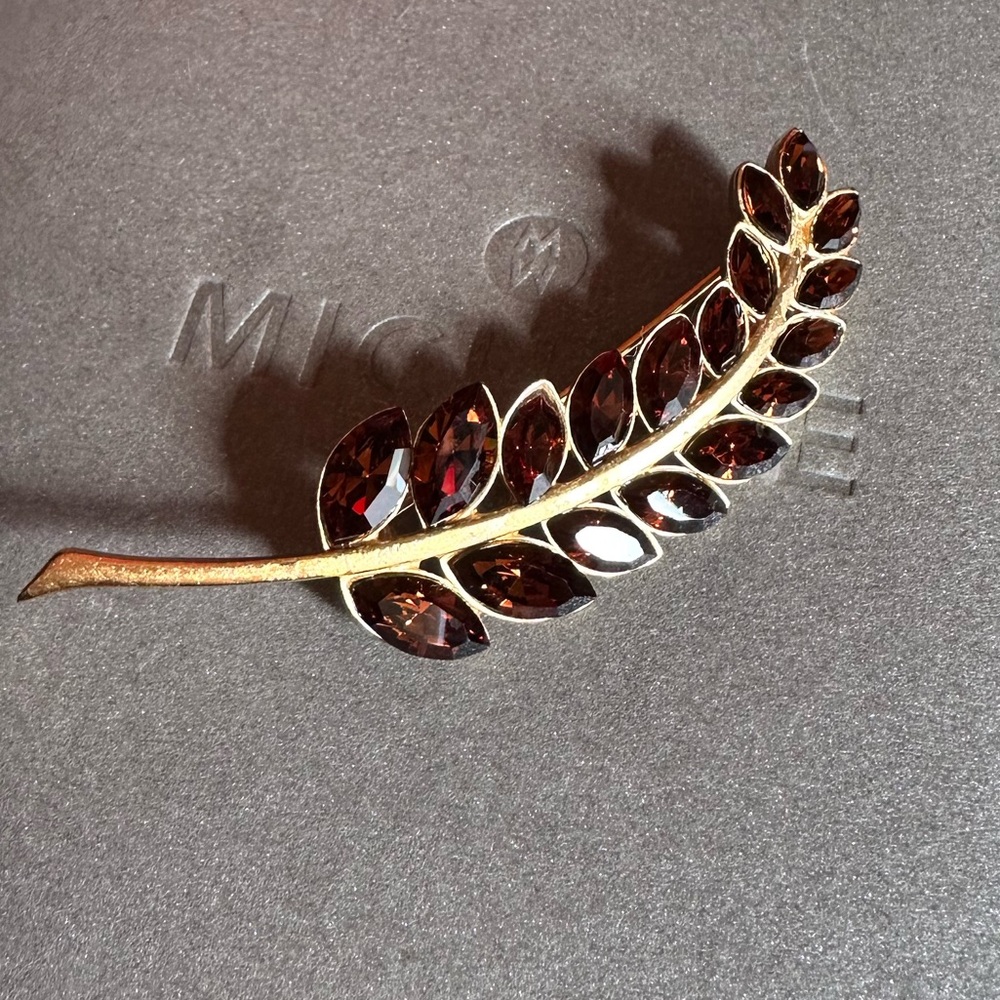 Authentic GIVENCHY Vintage Leaf Feather Brown Crystal Brooch